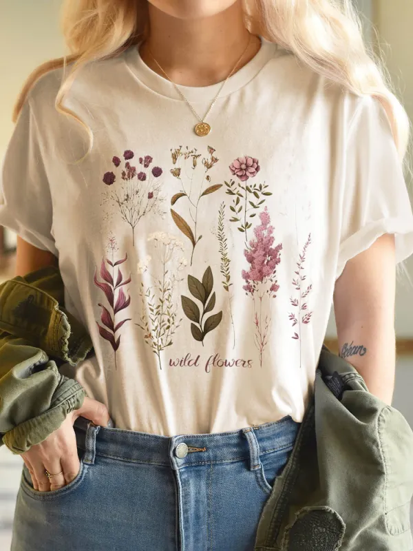 Flowers And Plants Illustration Print Top T-shirt - Cominbuy.com 