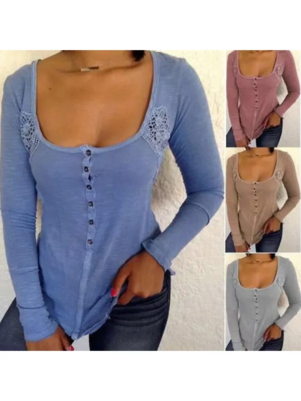 Deep U Neck Long Sleeve Lace Patchwork Button T-Shirts - Godeskplus.com 