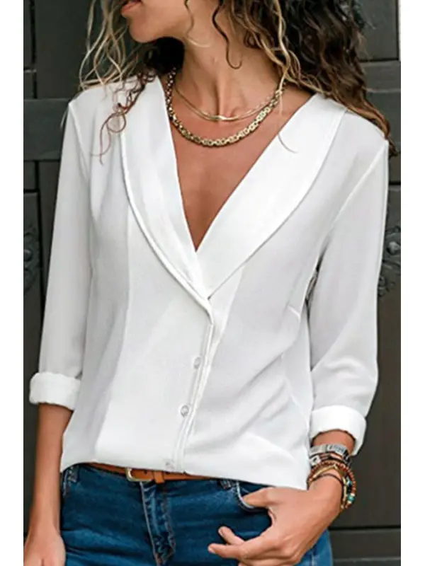 V Neck  Single Breasted  Plain  Blouses - Godeskplus.com 