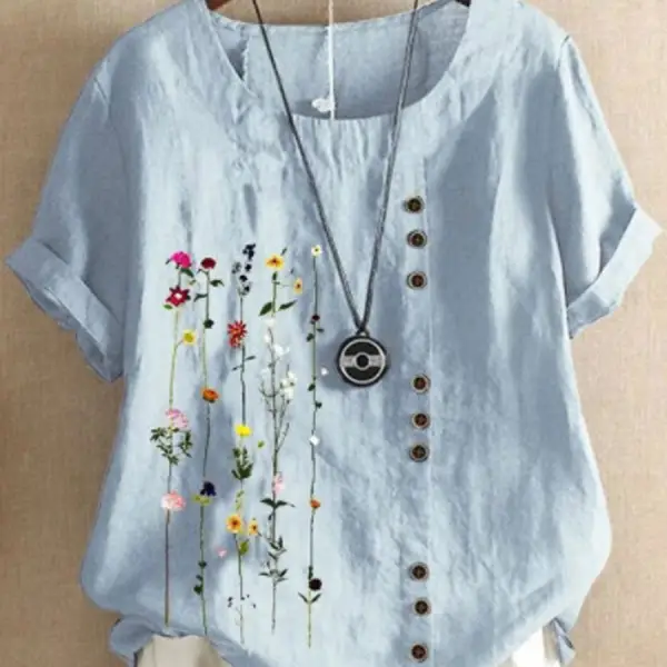 Retro Cotton And Linen Printed Short-Sleeved Blouse - Kalesafe.com 