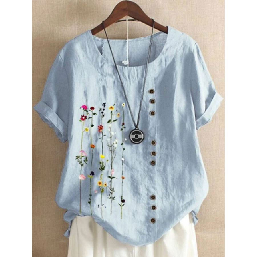 

Retro Cotton And Linen Printed Short-Sleeved Blouse