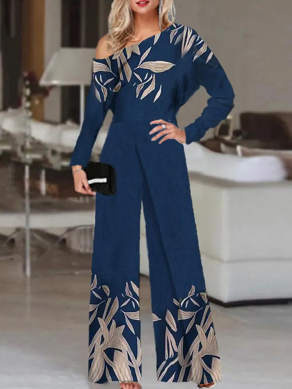 Fashion Leaf Print Off-shoulder Long Sleeve Jumpsuit Women - Buildernice.com 