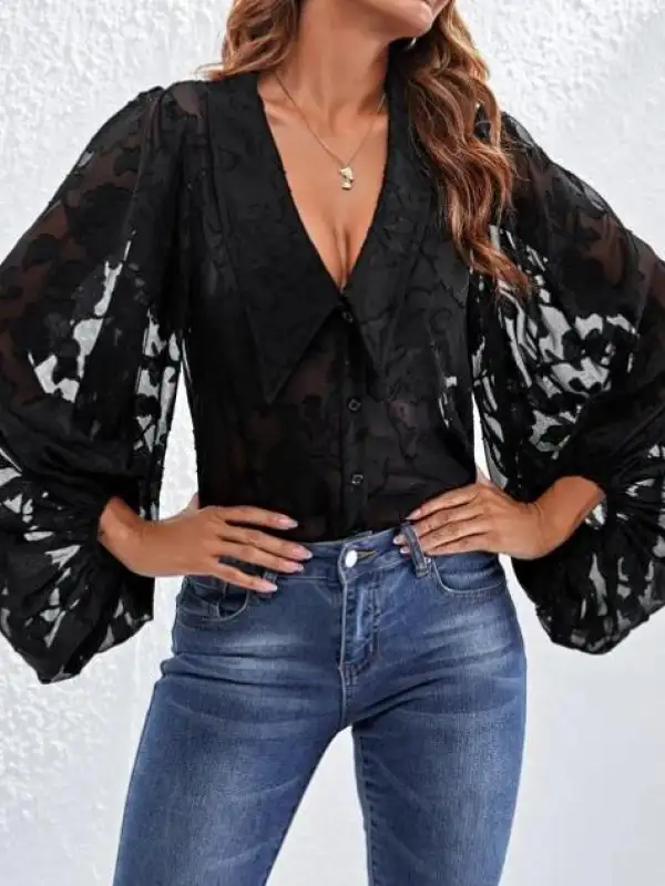 Fashion Lace Lantern Sleeve Blouse - Buildernice.com 