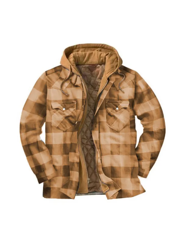 Winter Thick Blue and White Plaid Flannel Casual Shirt Hooded Jacket - Godeskplus.com 