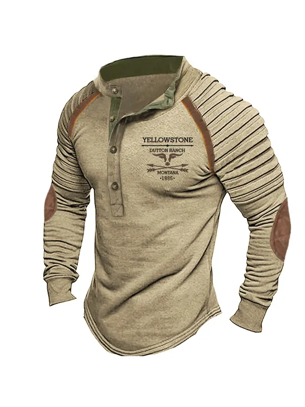 Plus Size Men's Vintage Western Yellowstone Henley Stand Collar T-Shirt - Godeskplus.chimpone.com 