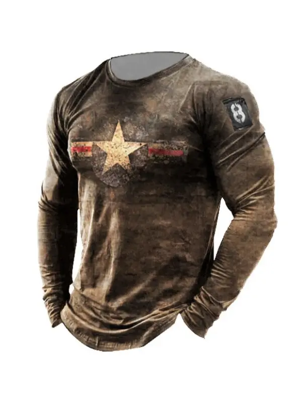 Mens Outdoor Retro American Stars Print Long Sleeve Sports Top - Godeskplus.com 
