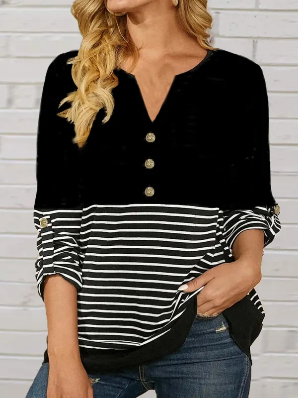 Casual Stripe V Neck Buttons Long Sleeves Loose T-shirt - Godeskplus.chimpone.com 