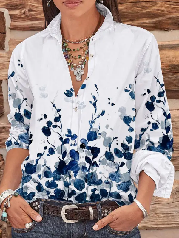 Ink Floral Print Casual Loose Long-sleeved Blouse - Godeskplus.chimpone.com 