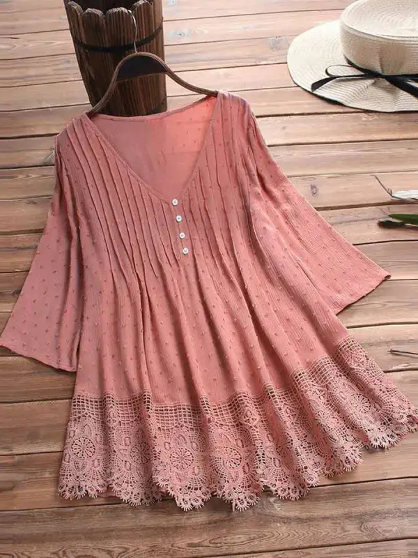 V-neck Casual Loose Lace Panel Sunscreen Mid-sleeve Blouse - Godeskplus.com 