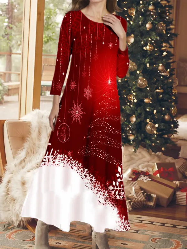 Casual Christmas Snowflakes Print Crew Neck Long Sleeves Maxi Dress - Godeskplus.chimpone.com 