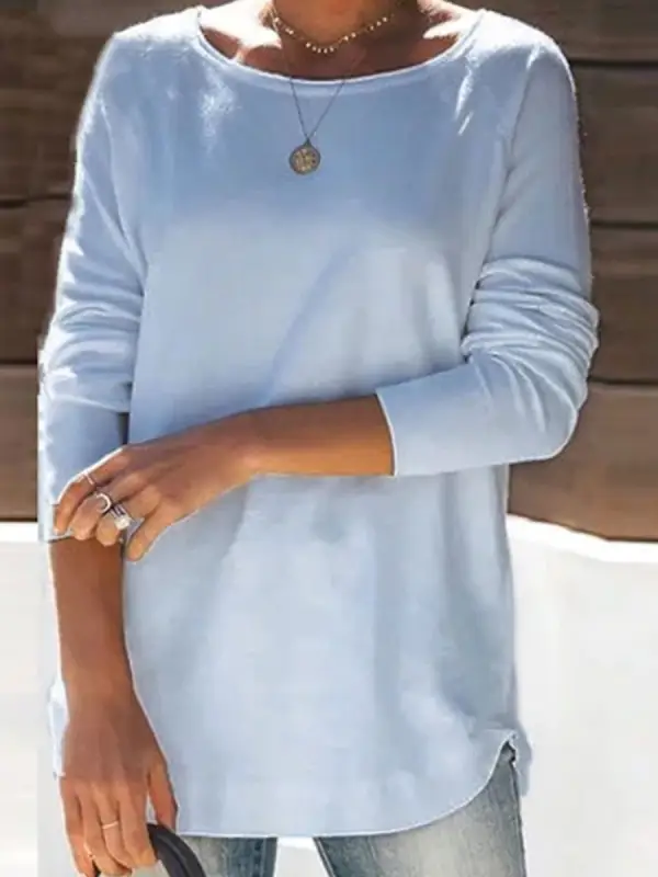 Round Neck Casual Loose Solid Color Long Sleeve T-shirt - Godeskplus.com 