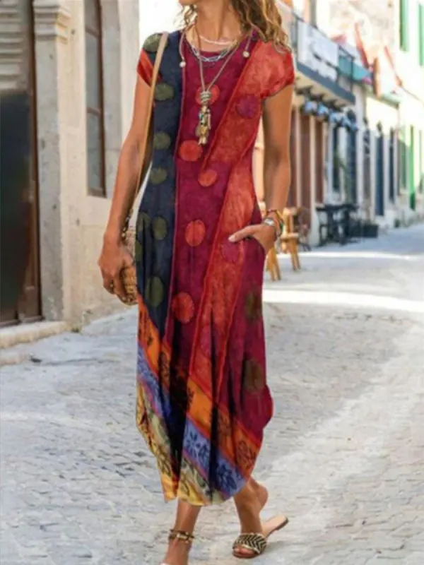 Round Neck Casual Loose Printed Short Sleeve Midi Dress - Godeskplus.com 