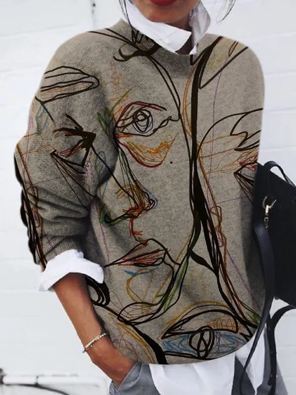 Casual Fashion Brushed Abstract Print Long-Sleeved Pullover - Godeskplus.com 