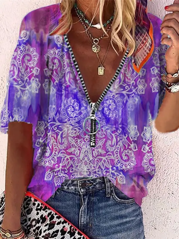 V-neck Zip Ethnic Print Short Sleeve Blouse - Godeskplus.com 