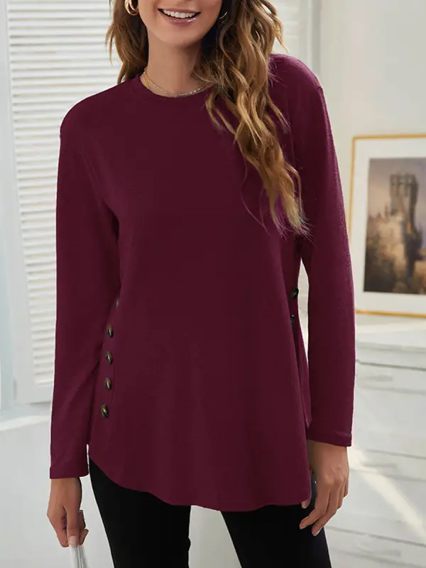 Round Neck Casual Loose Solid Color Long Sleeve T-shirt - Godeskplus.com 