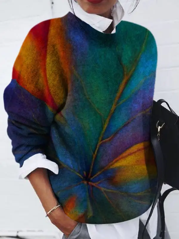 Round Neck Leaf Jacquard Casual Sweater Pullover - Godeskplus.com 