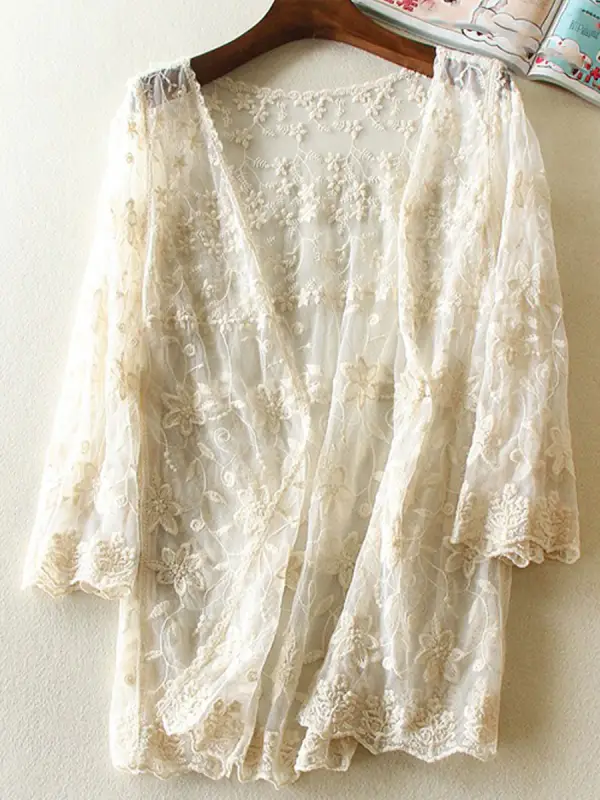 Loose Embroidered Lace Cutout Sunscreen Long Sleeve Blouse - Godeskplus.com 