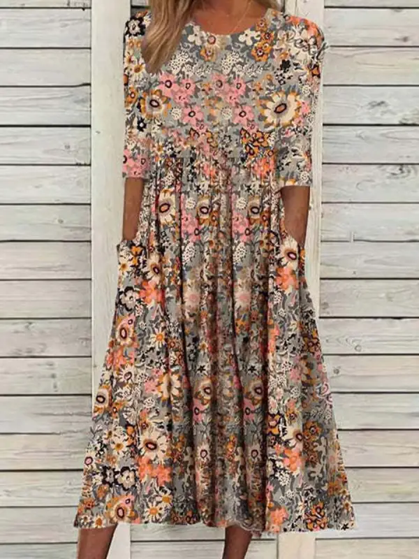 Round Neck Casual Loose Printed Short Sleeve Midi Dress - Godeskplus.com 