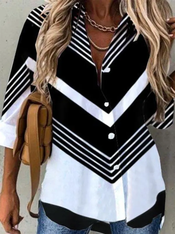 Casual Fashion Printed Lapel Long Sleeve Shirt - Godeskplus.com 