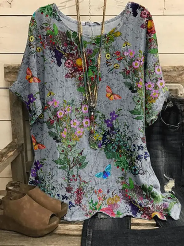 Round Neck Casual Loose Floral Short Sleeve Blouse - Godeskplus.com 