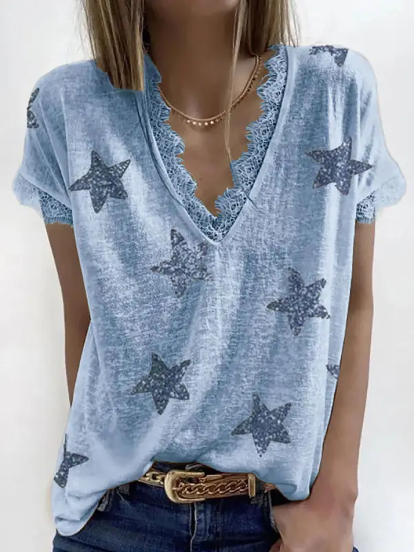 V-neck Star Print Lace Stitching Loose Short-sleeved T-shirt - Godeskplus.chimpone.com 