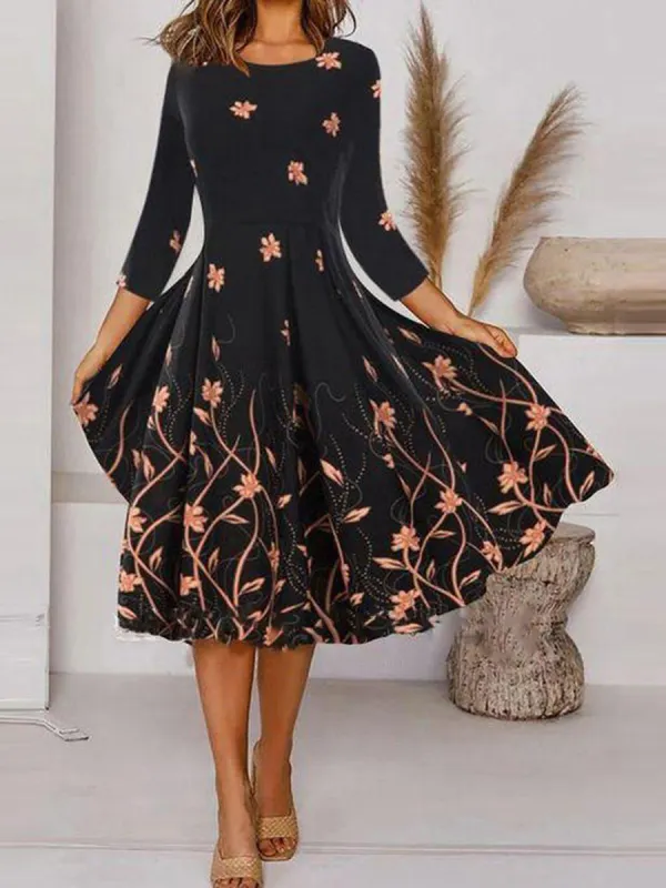 Fashion Print Crew Neck 3/4 Sleeve Dress - Godeskplus.com 