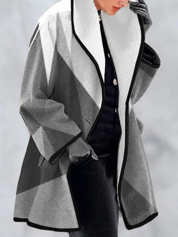 Contrasting Geometric Print Casual Loose Woolen Coat - Godeskplus.com 