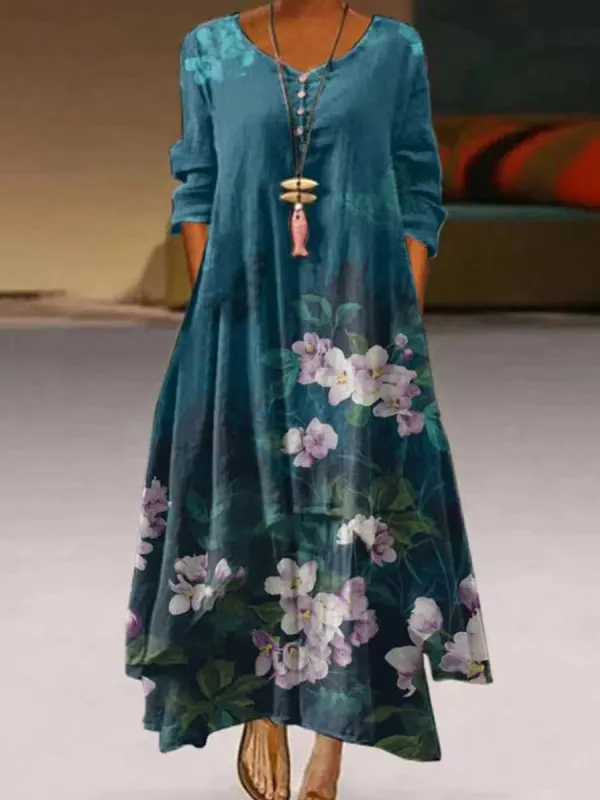 V-neck Loose Casual Floral Print Long Sleeve Maxi Dress - Godeskplus.com 