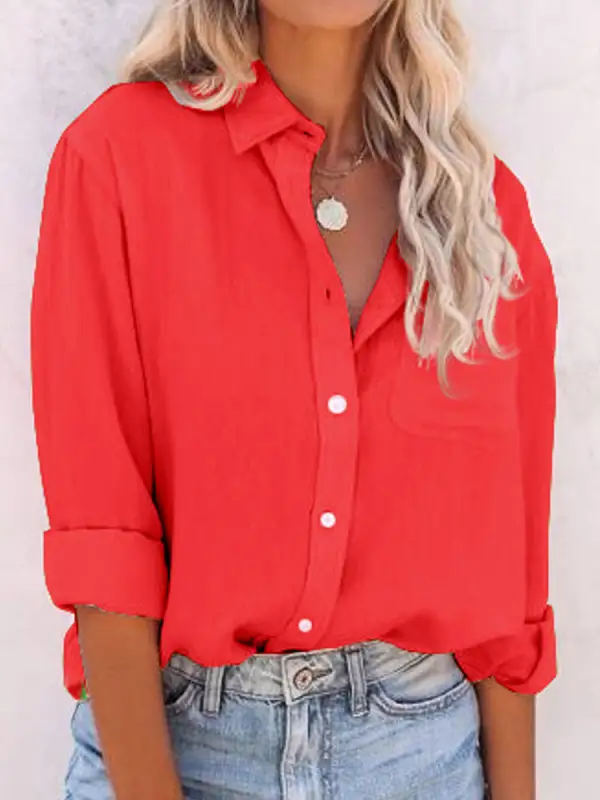 Round Neck Casual Loose Solid Color Long Sleeve Blouse - Godeskplus.com 