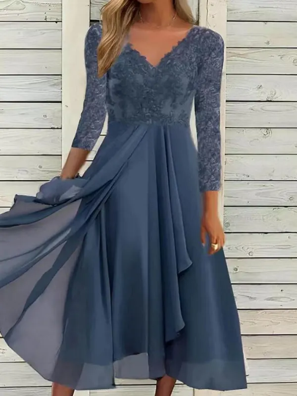 Fashion Lace Panel V-Neck Long Sleeve Party Midi Dress - Godeskplus.com 