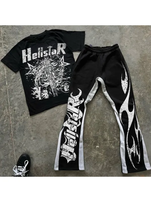 Hellstar Flame Abstract Human Graphics Short Sleeve Tee & Flared Trousers Two Piece Set - Godeskplus.com 