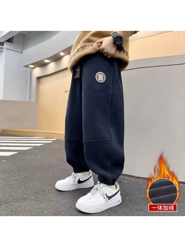 Boys Winter Plus Fleece Pants Autumn And Winter 2024 New Children's Cotton Sports Pants One-piece Fleece Medium And Large Children's Thick - Godeskplus.com 