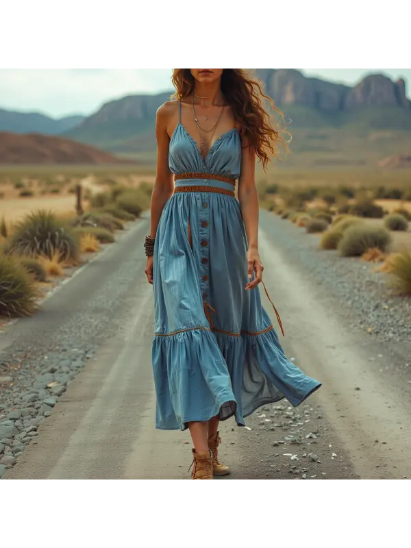 Desert Elegance: Blue Maxi Dress In The Wild - Godeskplus.com 