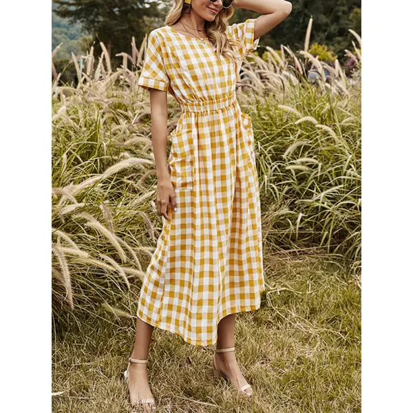 Womens Large Pocket Casual Cross Halter Check Dress - Www-beta.selaros.com 